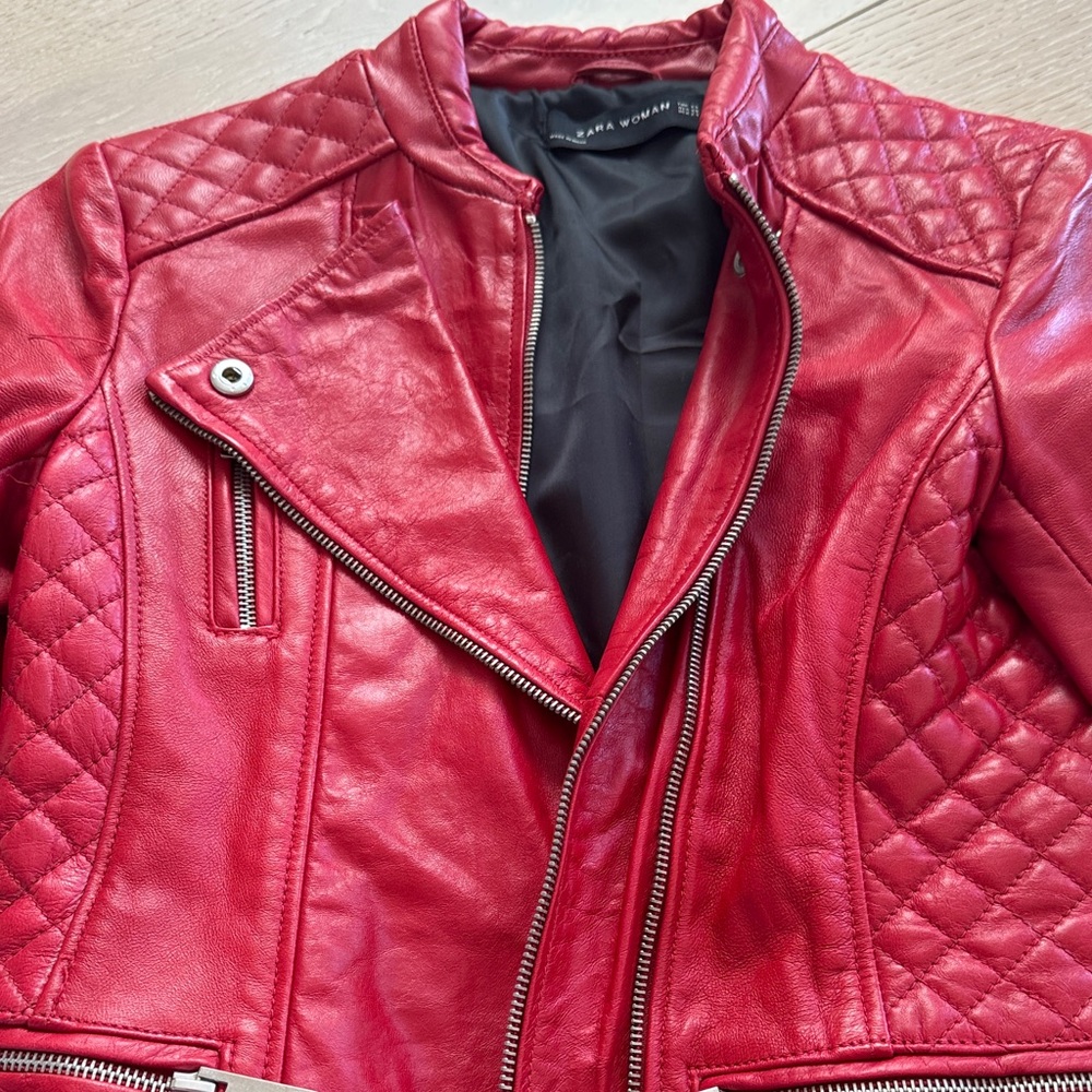 Zara Red Quilted Moto Leather Jacket - Picture 4 of 7